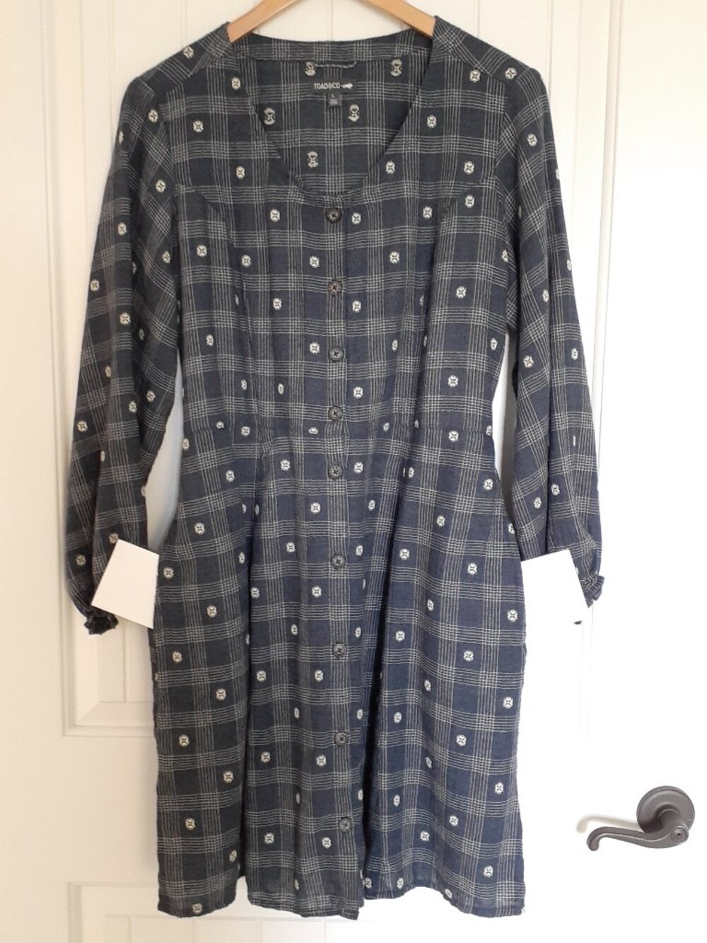 Toad&Co Maple Button Front Long Sleeve Dress Blue Navy Small Dobby Size L